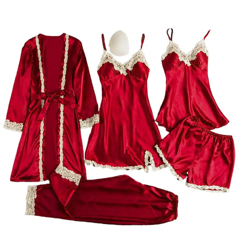 Women's Summer Sexy Pajama Pants Set 5 Pieces Nightgown Nightdress Top Shorts Pants Set Lace Satin Silk Sleepwear Robe Sleepwear luvshop24