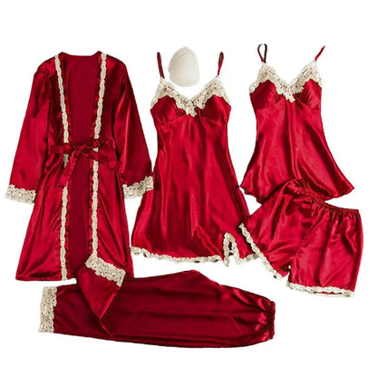 Women's Summer Sexy Pajama Pants Set 5 Pieces Nightgown Nightdress Top Shorts Pants Set Lace Satin Silk Sleepwear Robe Sleepwear luvshop24