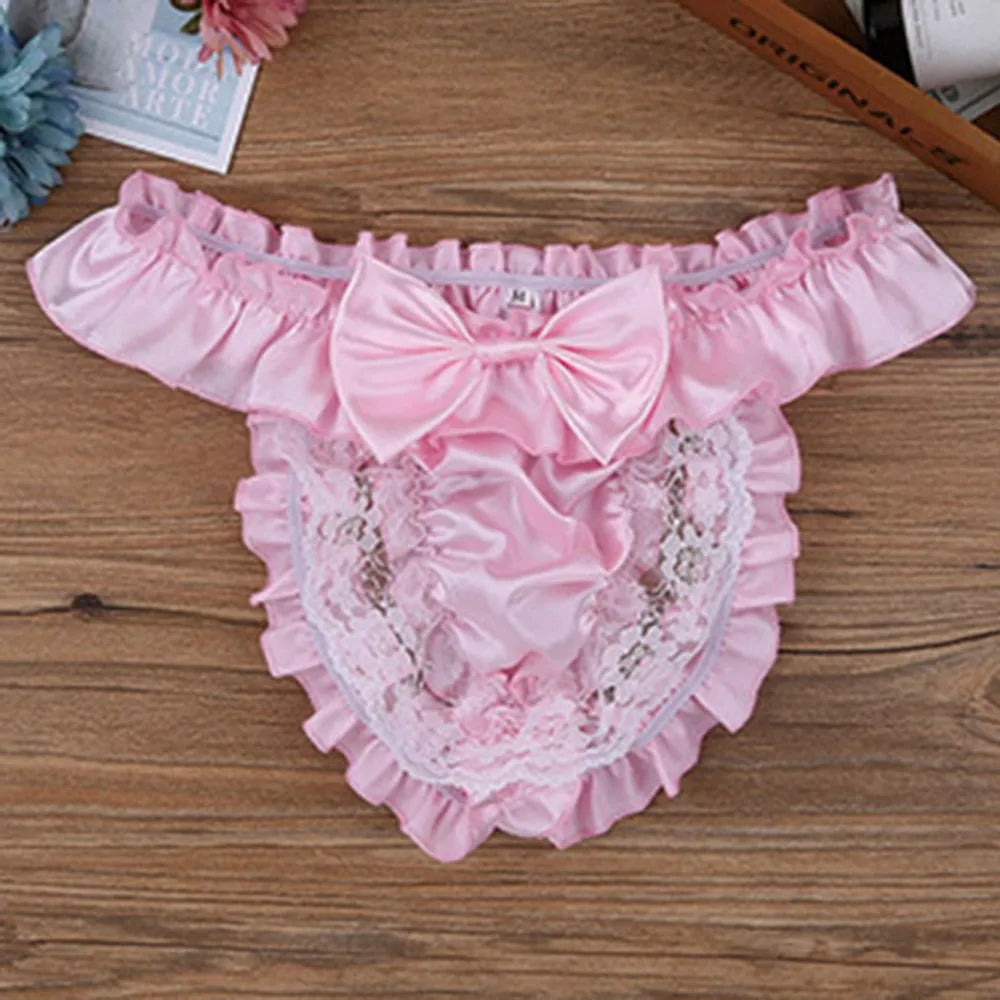 Men Sissy Bow-knot See-through Panties Satin Bikini G-String Thong Briefs Uniform Temptation Sexy Smooth Underwear Sleepwear luvshop24