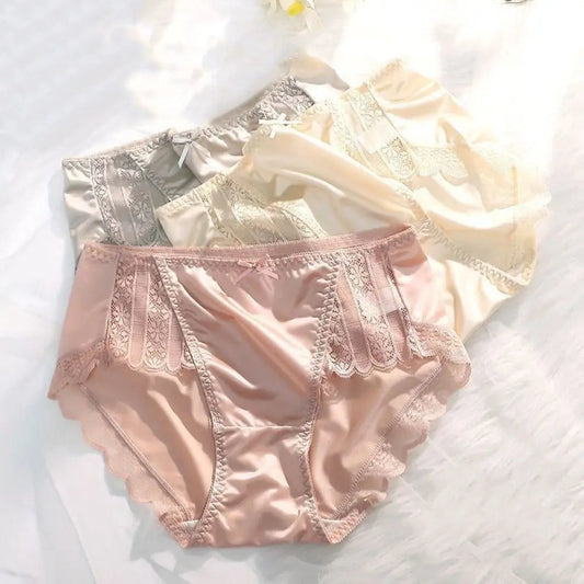 2Pcs Lingerie Underwear Lace Briefs Women Ultra-thin Bow Stain Silk Panties Cotton Crotch Mid Waist Mesh Seamless Briefs Girl luvshop24