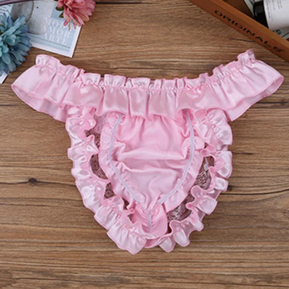 Men Sissy Bow-knot See-through Panties Satin Bikini G-String Thong Briefs Uniform Temptation Sexy Smooth Underwear Sleepwear luvshop24