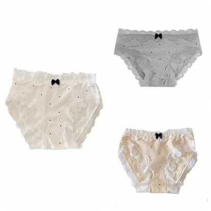 3Pcs Lingerie Dot Lace Bowknot Panties Sweet Mid Waist Seamless Briefs Cotton Crotch Underpants Underwear for Women Lady luvshop24
