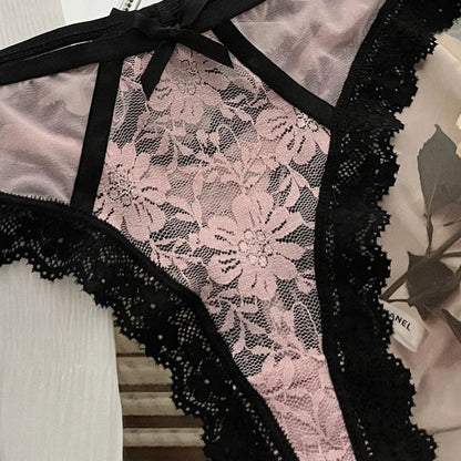 ﻿ Lace Bow Sexy Thong Transparent Women's Lingerie Low Waist Flower Embroidery Mesh Perspective Hollowed Panties Briefs luvshop24
