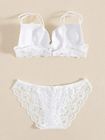 1 Set Elegant Erotic Lace Embroidery Breathable Fabric Lingeries : Push-Up Bra, Low Waist Sheer Panty - Ultimate Valentine's Day luvshop24