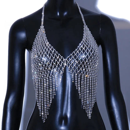 XSBODY Mesh Tassels Chest Chain Jewellery Necklace Sexy Lingerie Women Body Luxury Crystal Festival Outfit Bikinis Bras 2023 luvshop24