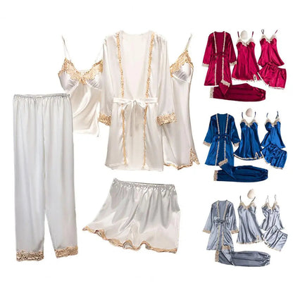 Women's Summer Sexy Pajama Pants Set 5 Pieces Nightgown Nightdress Top Shorts Pants Set Lace Satin Silk Sleepwear Robe Sleepwear luvshop24