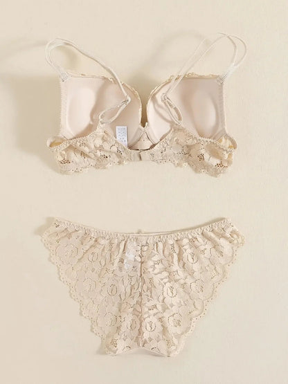 1 Set Elegant Erotic Lace Embroidery Breathable Fabric Lingeries : Push-Up Bra, Low Waist Sheer Panty - Ultimate Valentine's Day luvshop24