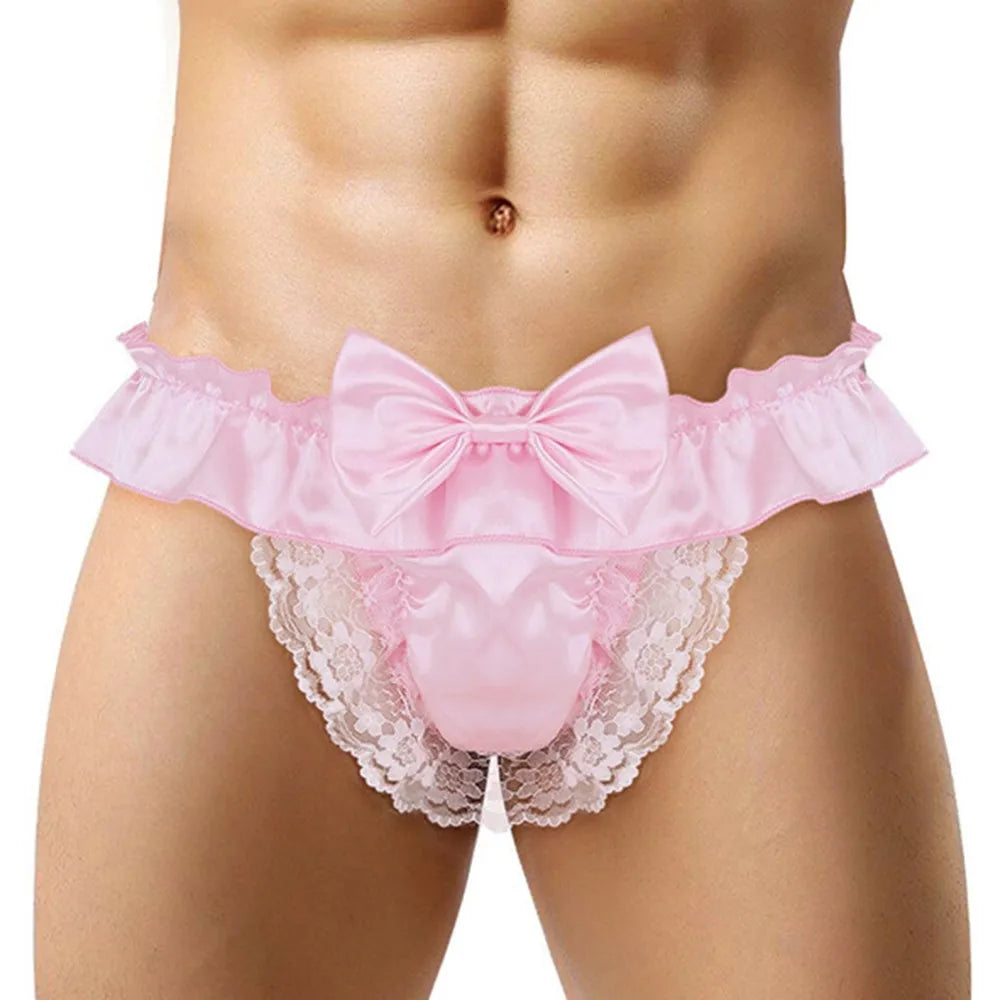 Men Sissy Bow-knot See-through Panties Satin Bikini G-String Thong Briefs Uniform Temptation Sexy Smooth Underwear Sleepwear luvshop24