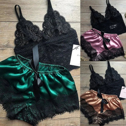 Lace Sleepwear Set for Women Sexy Transparent Sleeveless Tops Silk Shorts Pajamas Nightwear S-3XL Female Lingerie Sleep Wears luvshop24