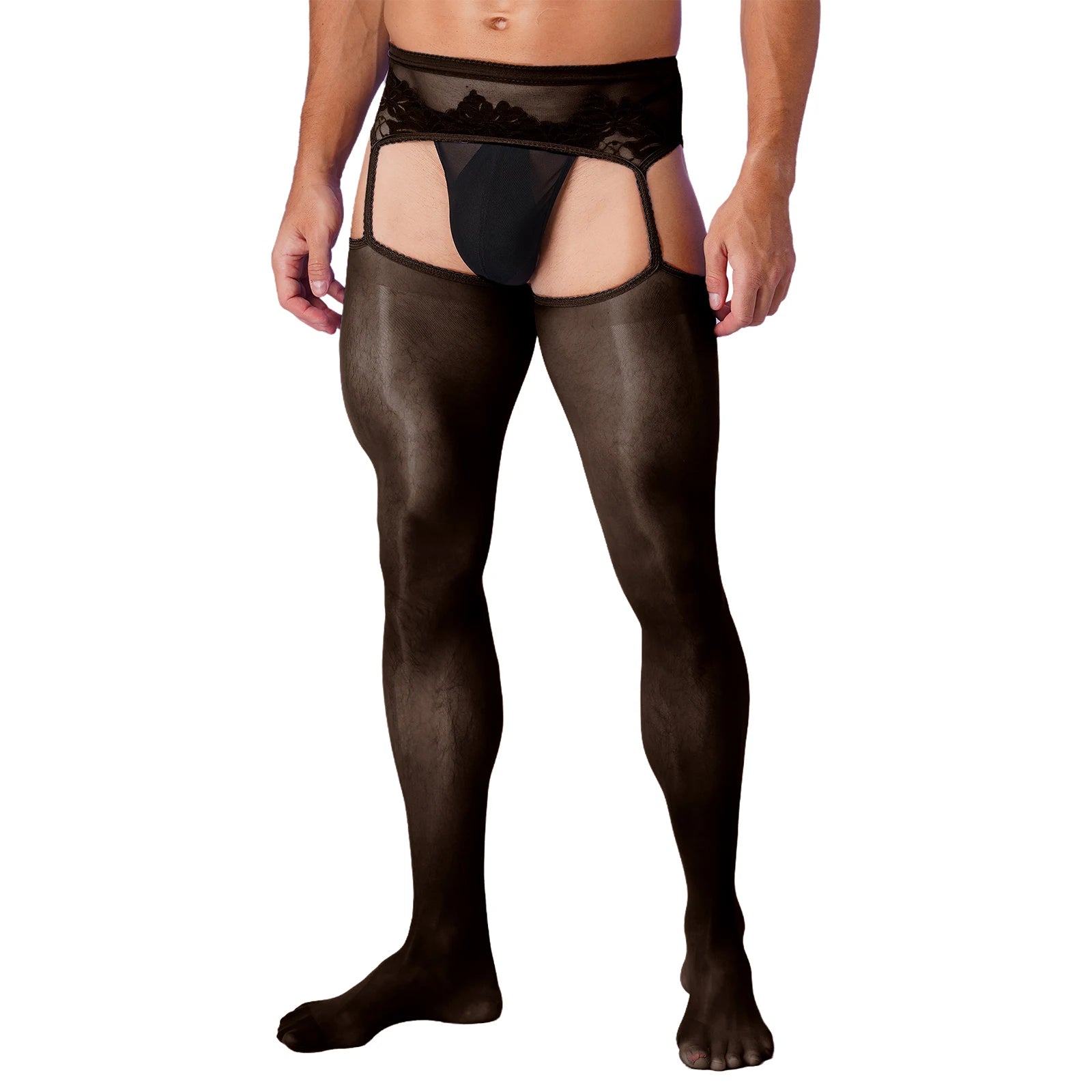 Mens Sexy Cutout Crotchless Pantyhose Floral Lace Exotic Socks Leggings One-Piece Garter Stockings Gay Male Sissy Underwear luvshop24