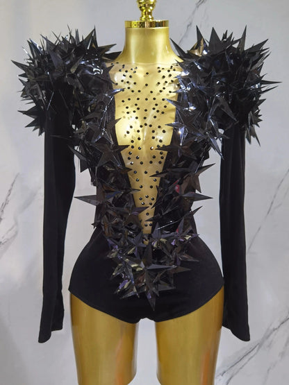 2025 New Shiny Black Rhinestone Velvet Long Sleeve Bodysuit Women Evening Party Club Gala Hosts NightClub Bar Stage Costumes luvshop24