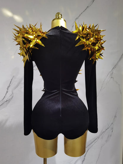 2025 New Shiny Black Rhinestone Velvet Long Sleeve Bodysuit Women Evening Party Club Gala Hosts NightClub Bar Stage Costumes luvshop24