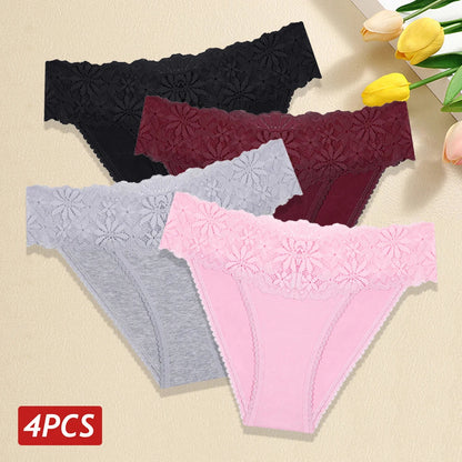 Lace Panties Women Cotton Briefs Female Comfortable Underwear 4PCS/Set Elstice Solid Color Panties Female Low Rise Sexy Lingerie luvshop24