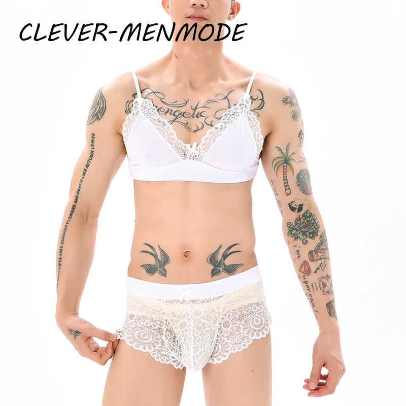 Men Sexy Crossdressing Erotic Sissy Lingerie See Through Mesh Lace Gay Underwear Male Bra Top Transparent Boxers Fetish Customs luvshop24