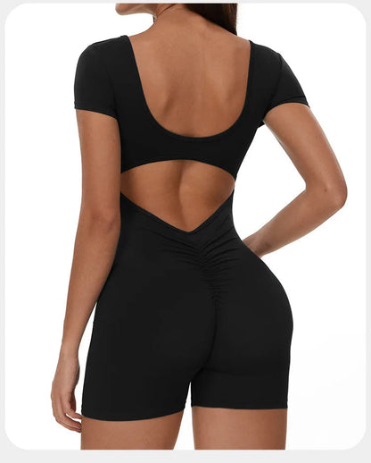 Womens Sports Bodysuit Short Sleeve Jumpsuits Stretch One Piece Set Romper Sexy Scrunch Butt Fitness Jumpsuit Female Sportwears luvshop24