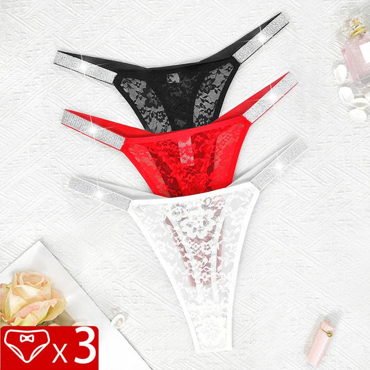 3pcs Sexy Thongs Lace Women Underwear Perspective Floral Panties Low Rise Two Shiny Belts G-string Comfortable Intimate Lingerie luvshop24