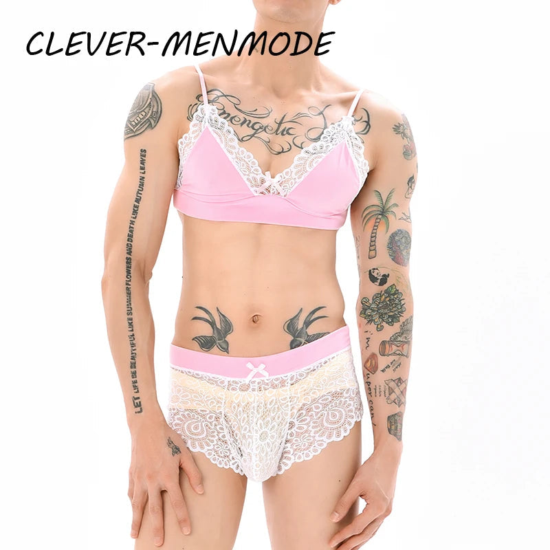 Men Sexy Crossdressing Erotic Sissy Lingerie See Through Mesh Lace Gay Underwear Male Bra Top Transparent Boxers Fetish Customs luvshop24