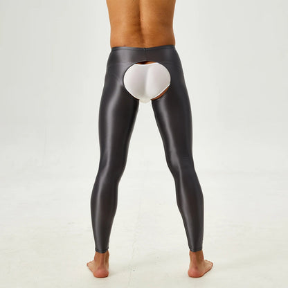 Glossy Crotchless Open Butt Leggings Mens Gays Erotic Nightwear Underpants High Waist Slim Fit Tights Underwear Baselayer Pants luvshop24