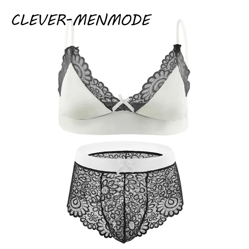 Men Sexy Crossdressing Erotic Sissy Lingerie See Through Mesh Lace Gay Underwear Male Bra Top Transparent Boxers Fetish Customs luvshop24