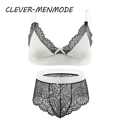 Men Sexy Crossdressing Erotic Sissy Lingerie See Through Mesh Lace Gay Underwear Male Bra Top Transparent Boxers Fetish Customs luvshop24
