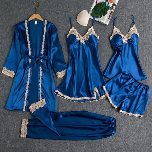 Women's Summer Sexy Pajama Pants Set 5 Pieces Nightgown Nightdress Top Shorts Pants Set Lace Satin Silk Sleepwear Robe Sleepwear luvshop24