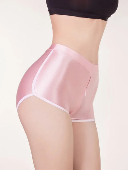 Women's Comfortable Beachwear Fitness Shorts Zipper Open Crotch Elasitc Yoga Panties Oil Shiny Smooth Tight Sexy Boxers luvshop24