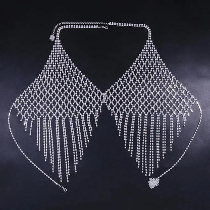 XSBODY Mesh Tassels Chest Chain Jewellery Necklace Sexy Lingerie Women Body Luxury Crystal Festival Outfit Bikinis Bras 2023 luvshop24