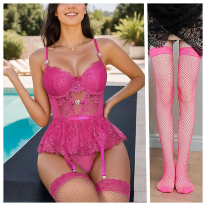 Sexy Woman Lingerie Lace Transparent Babydoll Teddy Dress Garter Vest Halter Underwire Bra Thong Set Porno Clothing luvshop24