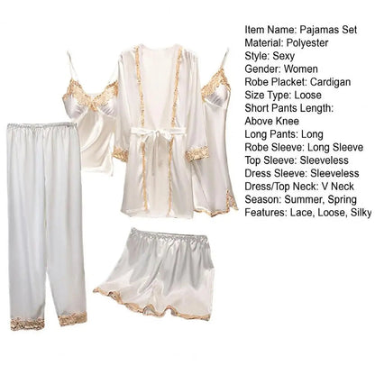 Women's Summer Sexy Pajama Pants Set 5 Pieces Nightgown Nightdress Top Shorts Pants Set Lace Satin Silk Sleepwear Robe Sleepwear luvshop24