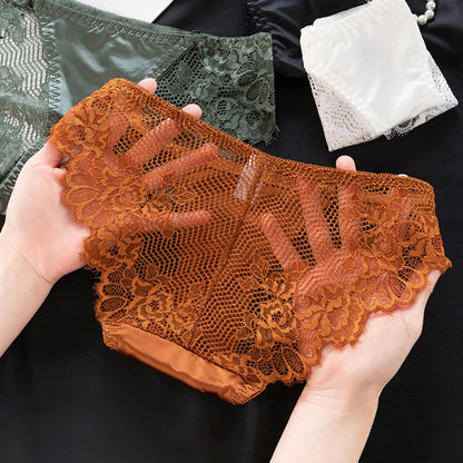 1pc Women's Sexy Lace Panties Satin Seamless Underwear Lace Mesh Sheer Low Waist Triangle Underwear Ladies Thin Breathable Brief luvshop24