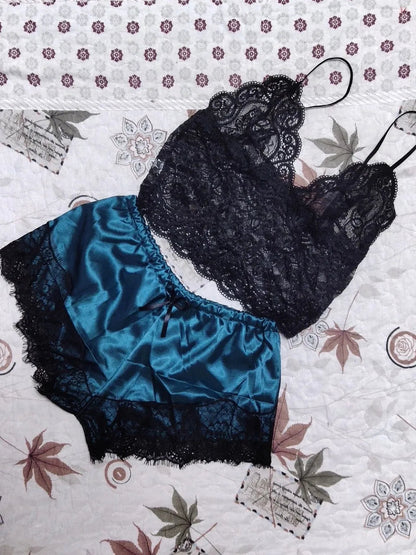 Lace Sleepwear Set for Women Sexy Transparent Sleeveless Tops Silk Shorts Pajamas Nightwear S-3XL Female Lingerie Sleep Wears luvshop24