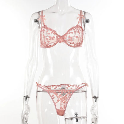 Yimunancy Heart Embroidery Lingerie Set Women 2-Piece Transparent Bow Bra + Brief Underwear Set Erotic Intimates luvshop24