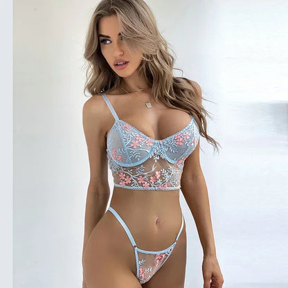 Lace Floral Embroidery See Through Bra and Panties Set for Women Underwear Sexy Lingerie Female 2 Pieces Bra Brief Sets luvshop24