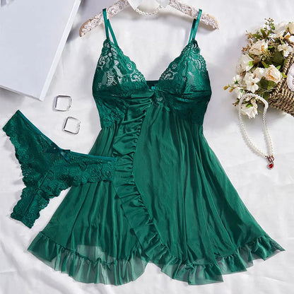 2 Pcs Set Sexy Lingerie Set Women Deep V Slip Dress Thong Erotic Bra Panty Sets Lace Nightdress Transparent Soft Nightgown luvshop24