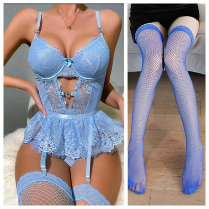 Sexy Woman Lingerie Lace Transparent Babydoll Teddy Dress Garter Vest Halter Underwire Bra Thong Set Porno Clothing luvshop24