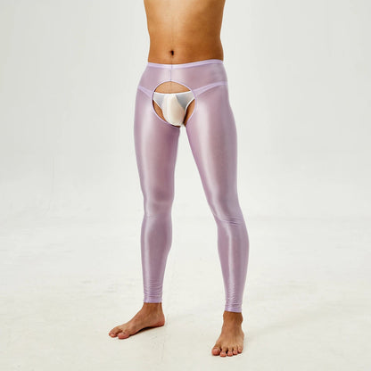 Glossy Crotchless Open Butt Leggings Mens Gays Erotic Nightwear Underpants High Waist Slim Fit Tights Underwear Baselayer Pants luvshop24