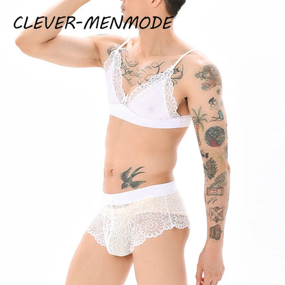Men Sexy Crossdressing Erotic Sissy Lingerie See Through Mesh Lace Gay Underwear Male Bra Top Transparent Boxers Fetish Customs luvshop24