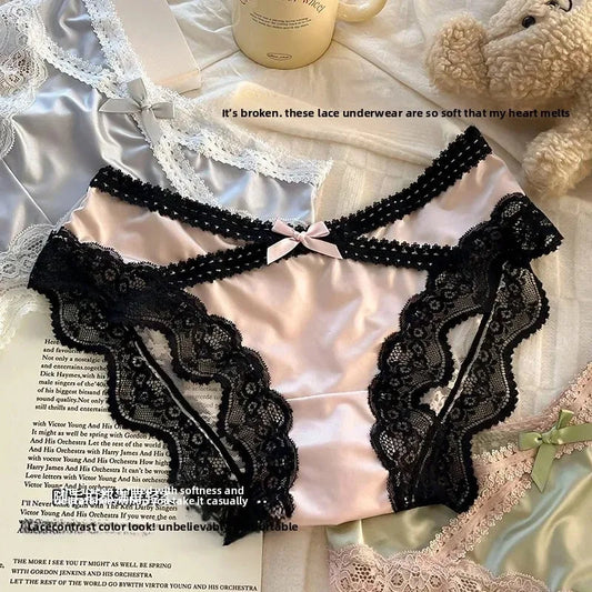 French Lace Underwear Pure Cotton Crotch Satin Sexy Triangle Panties Women's Innerwear Comfortable Breathable Ladies Briefs luvshop24