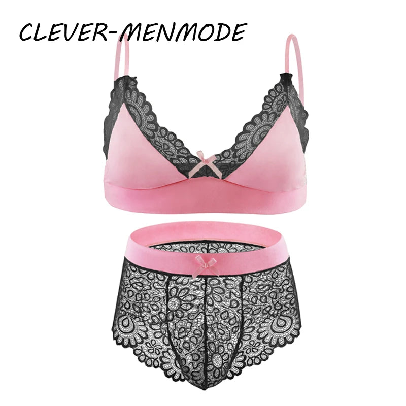 Men Sexy Crossdressing Erotic Sissy Lingerie See Through Mesh Lace Gay Underwear Male Bra Top Transparent Boxers Fetish Customs luvshop24