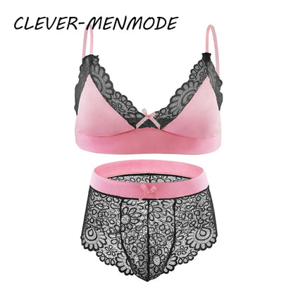 Men Sexy Crossdressing Erotic Sissy Lingerie See Through Mesh Lace Gay Underwear Male Bra Top Transparent Boxers Fetish Customs luvshop24