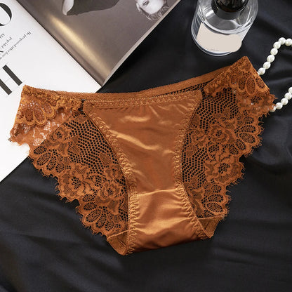 1pc Women's Sexy Lace Panties Satin Seamless Underwear Lace Mesh Sheer Low Waist Triangle Underwear Ladies Thin Breathable Brief luvshop24
