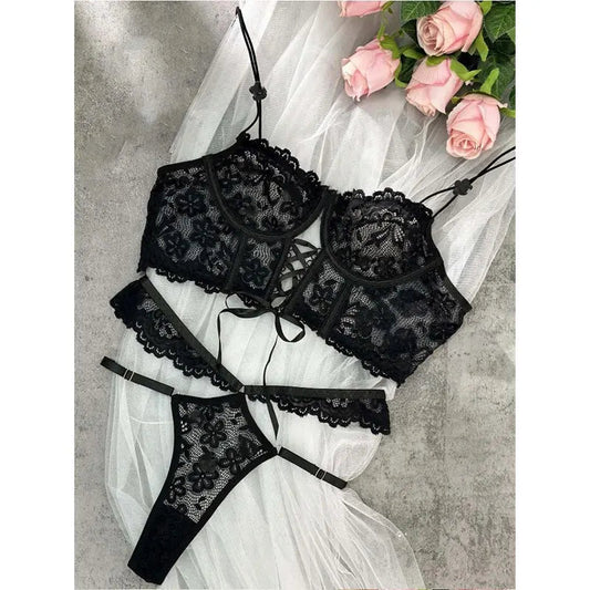 Bra Brief Sets Female Transparent Sexy Romantic Lingerie Black Lace Underwear Flowers Sensual See Through Erotic Sets luvshop24