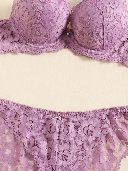 1 Set Elegant Erotic Lace Embroidery Breathable Fabric Lingeries : Push-Up Bra, Low Waist Sheer Panty - Ultimate Valentine's Day luvshop24