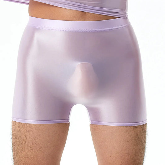 Mens Sexy Nylon Sheer Shiny Oil Boxer Shorts Underwear Solid Color Boxershorts Erotic Elastic Ice Silk Panties Underpants Cueca luvshop24