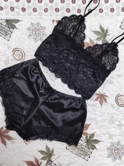 Lace Sleepwear Set for Women Sexy Transparent Sleeveless Tops Silk Shorts Pajamas Nightwear S-3XL Female Lingerie Sleep Wears luvshop24