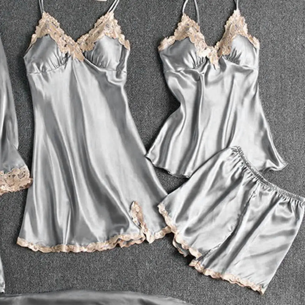 Women's Summer Sexy Pajama Pants Set 5 Pieces Nightgown Nightdress Top Shorts Pants Set Lace Satin Silk Sleepwear Robe Sleepwear luvshop24