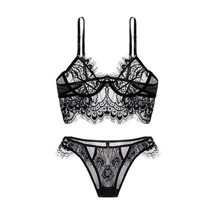 Lace Sexy Underwear Set Hollow Eyelashes Lingerie See-through Sheer Bra and Panty White Black Backless Bodysuit Women 2pcs luvshop24