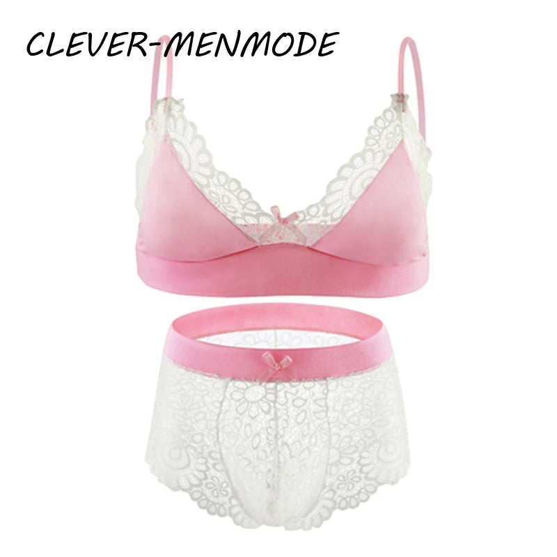 Men Sexy Crossdressing Erotic Sissy Lingerie See Through Mesh Lace Gay Underwear Male Bra Top Transparent Boxers Fetish Customs luvshop24