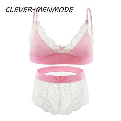 Men Sexy Crossdressing Erotic Sissy Lingerie See Through Mesh Lace Gay Underwear Male Bra Top Transparent Boxers Fetish Customs luvshop24