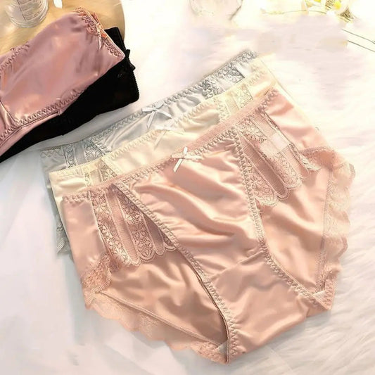 2Pcs Lingerie Underwear Lace Briefs Women Ultra-thin Bow Stain Silk Panties Mid Waist Underpants Mesh Seamless Briefs Lady luvshop24